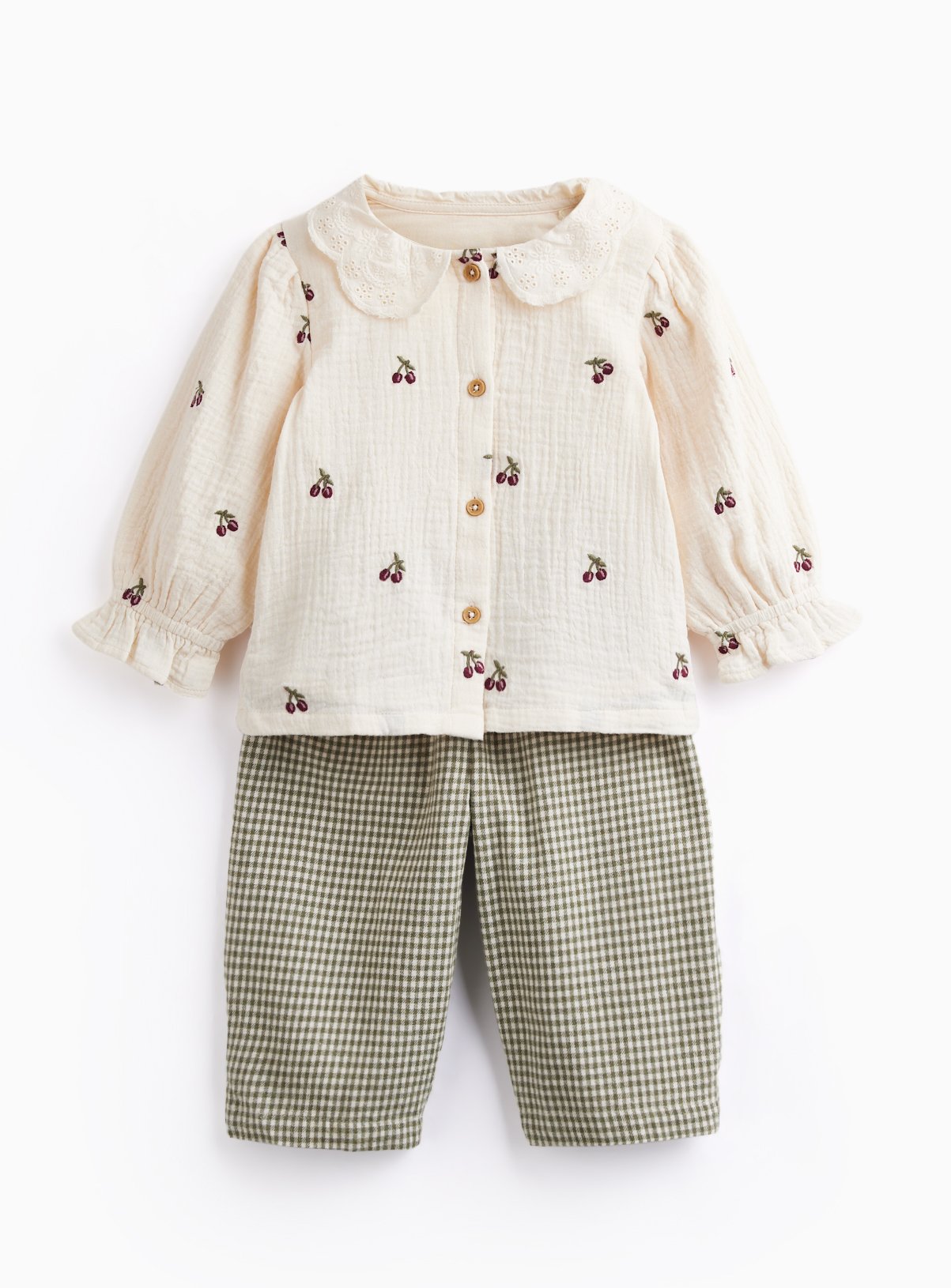 Cream Cherry Embroidered Blouse & Trouser Set Up to 3 mths - Image 1 thumbnail